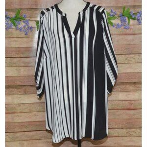 Worthington Black White Stripe V-Neck 3/4 Sleeve Chiffon Blouse Top Plus Size 2X